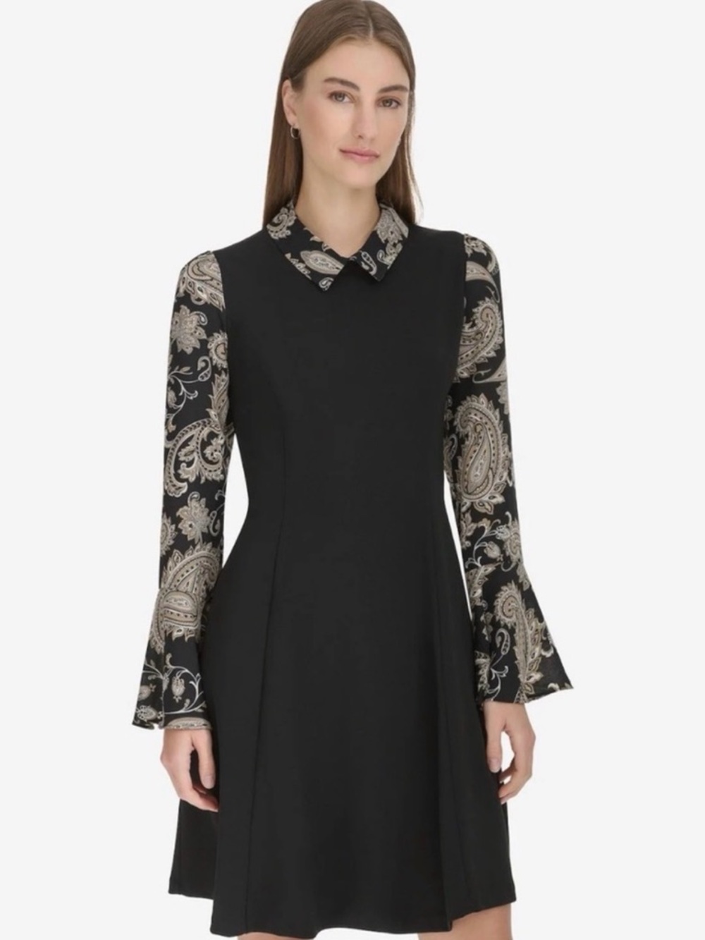 Andrew Marc Black Fit-and-Flare Dress with Paisley Sleeves